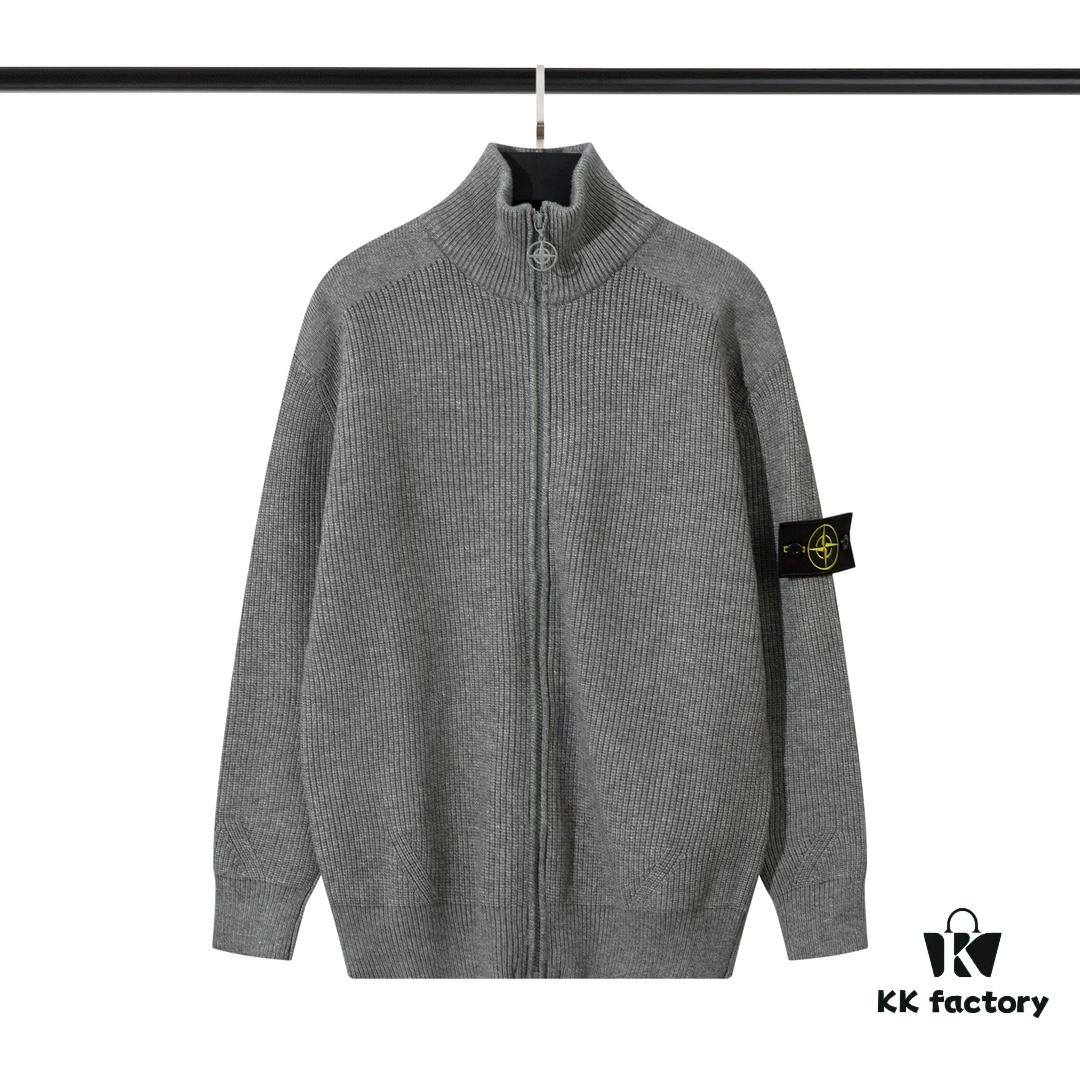 6931a433ccd8ab3d7af98775 908# STONE ISLAND Knit Zip-Front Stand Collar Sweater. Black, White, Gray