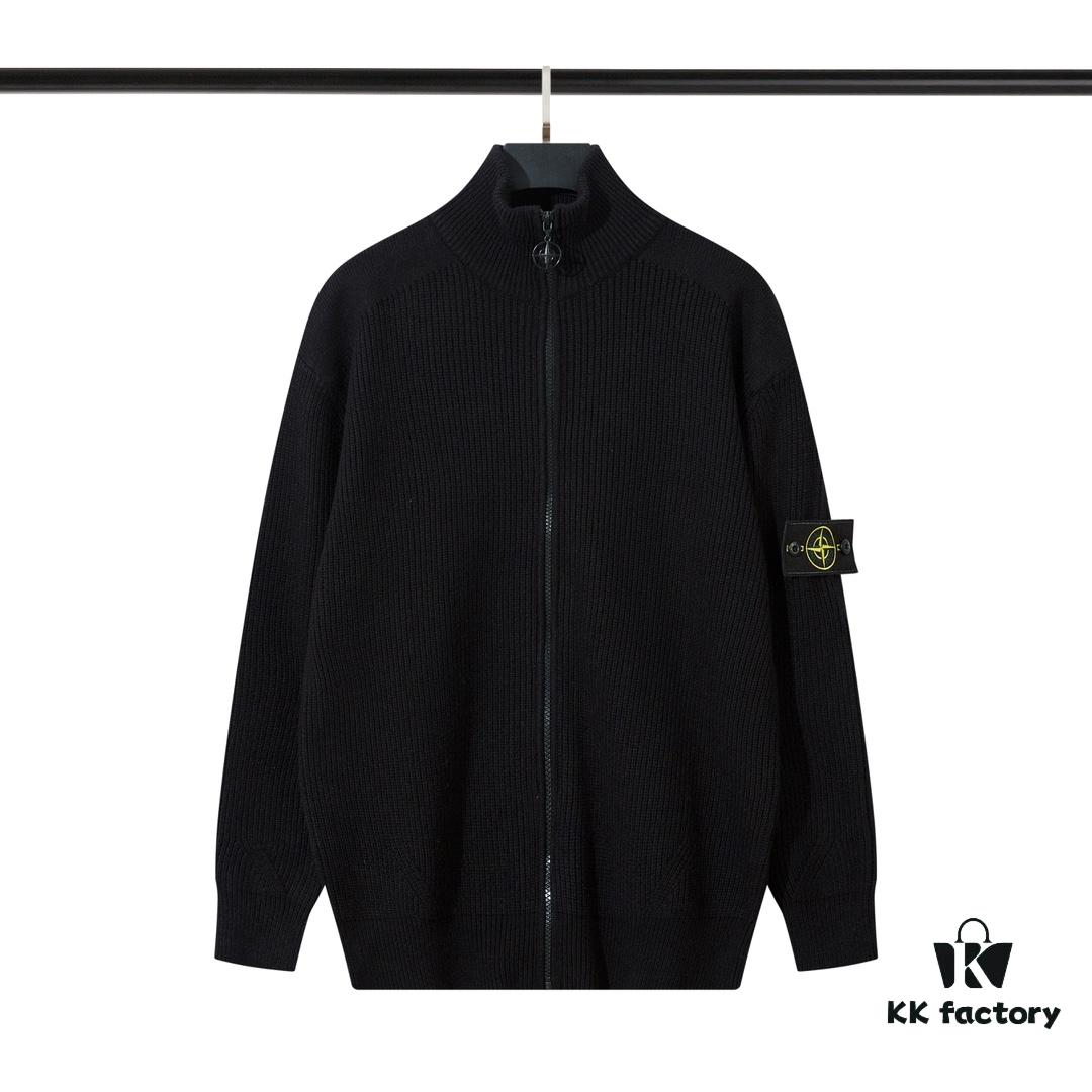 6931a433ccd8ab3d7af98776 908# STONE ISLAND Knit Zip-Front Stand Collar Sweater. Black, White, Gray