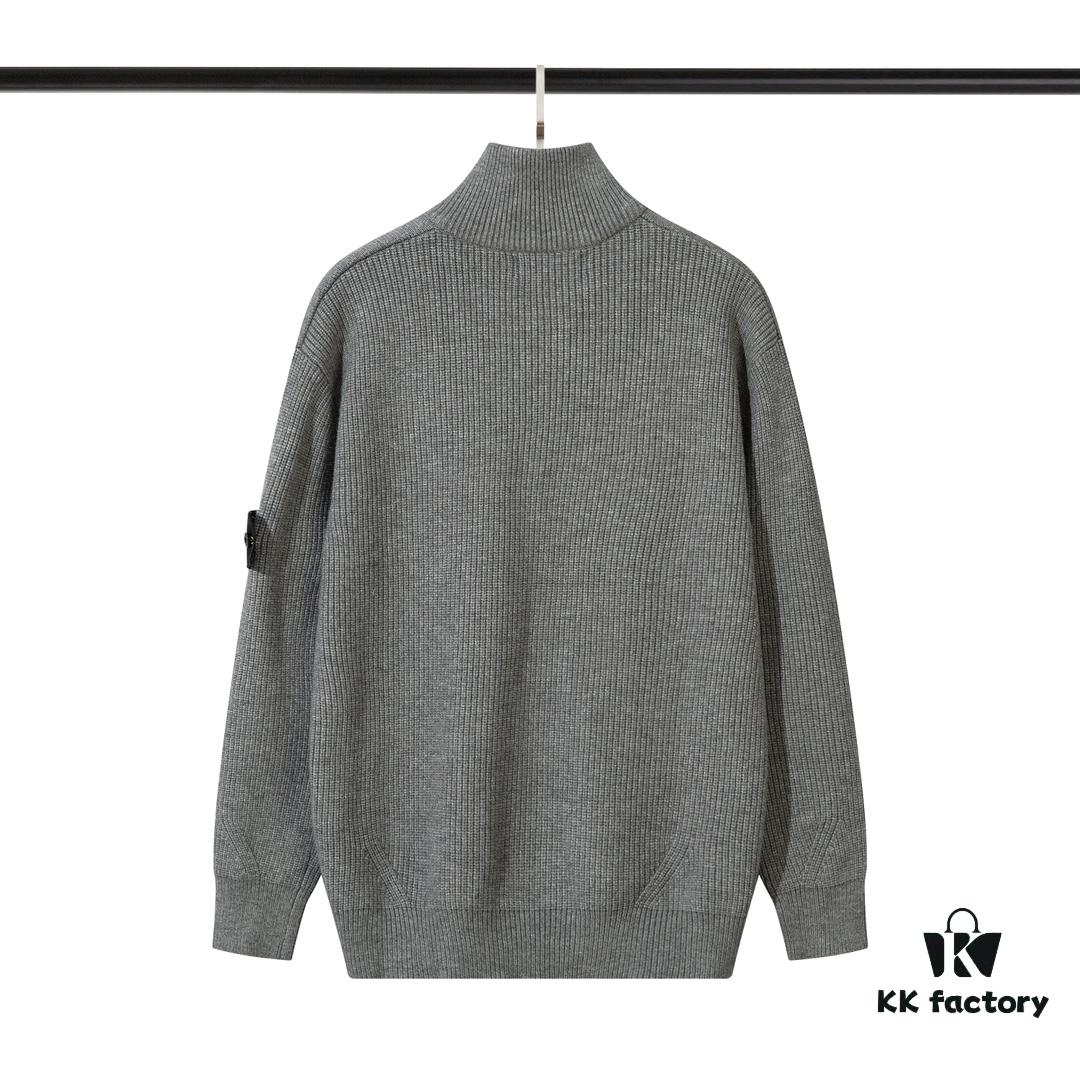 6931a433ccd8ab3d7af98777 908# STONE ISLAND Knit Zip-Front Stand Collar Sweater. Black, White, Gray