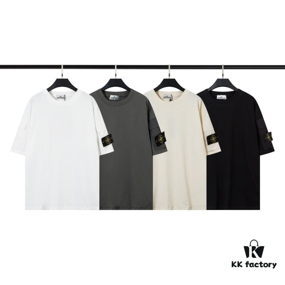6931a434ccd8ab3d7af98786 STONE ISLAND (230g Double Yarn) Sleeve Pocket Trench T-Shirt in Black, White, Beige, Grey Green