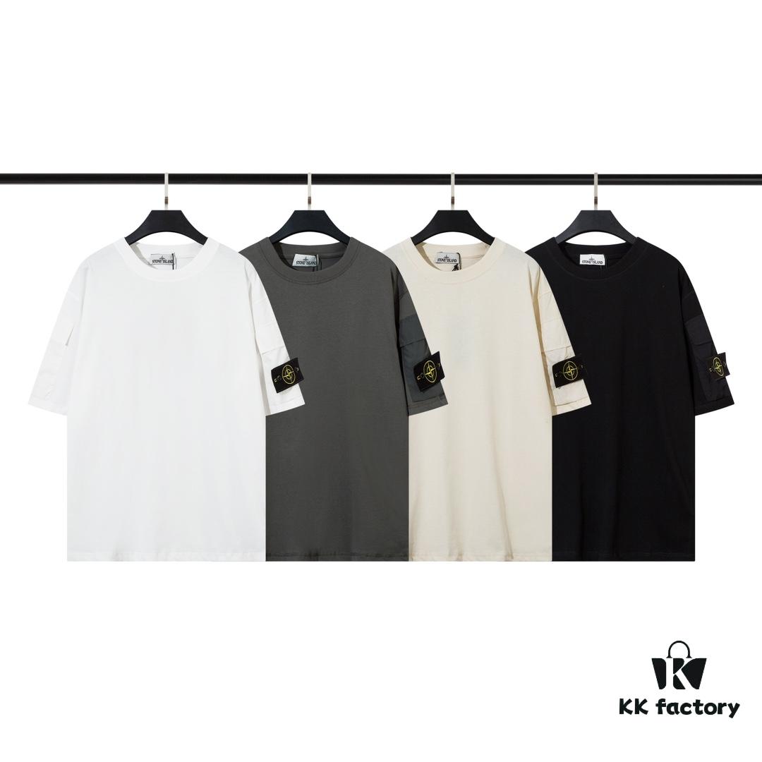 6931a434ccd8ab3d7af98786 STONE ISLAND (230g Double Yarn) Sleeve Pocket Trench T-Shirt in Black, White, Beige, Grey Green