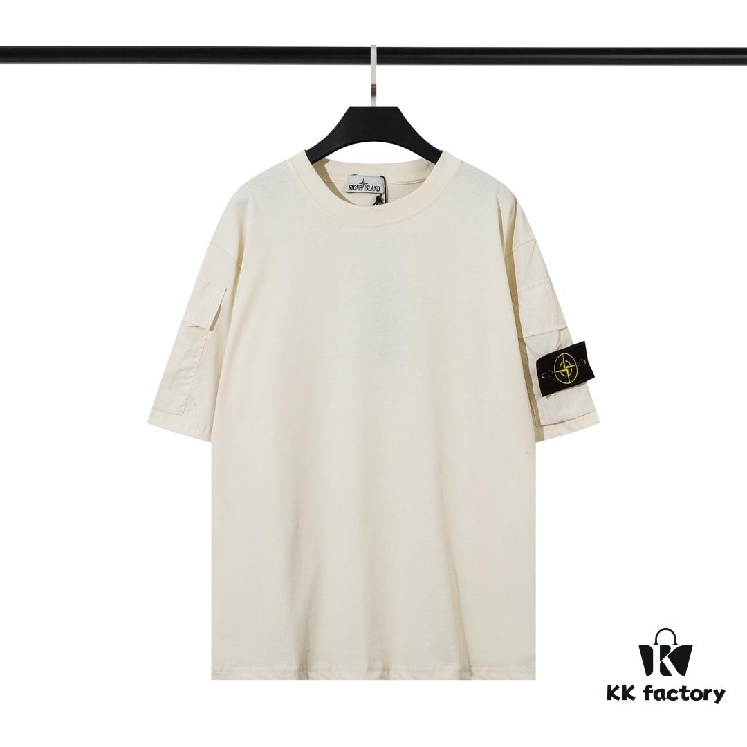 6931a434ccd8ab3d7af98788 STONE ISLAND (230g Double Yarn) Sleeve Pocket Trench T-Shirt in Black, White, Beige, Grey Green