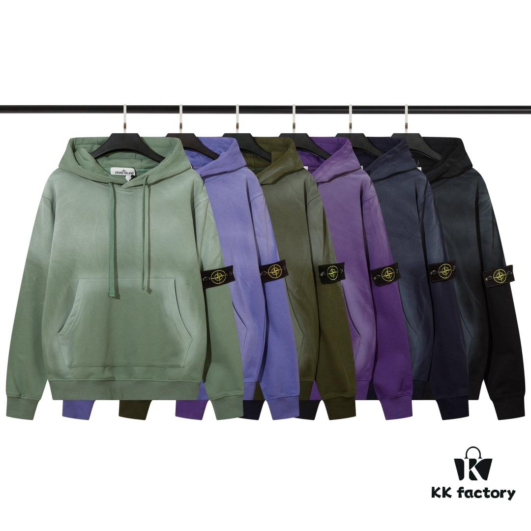 STONE ISLAND Autumn/Winter New Arrival Washed Monkey Process Hooded Sweatshirt in French Terry Fabric Black Military Green Sapphire Blue Light Green Purple Lavender M L XL XXL