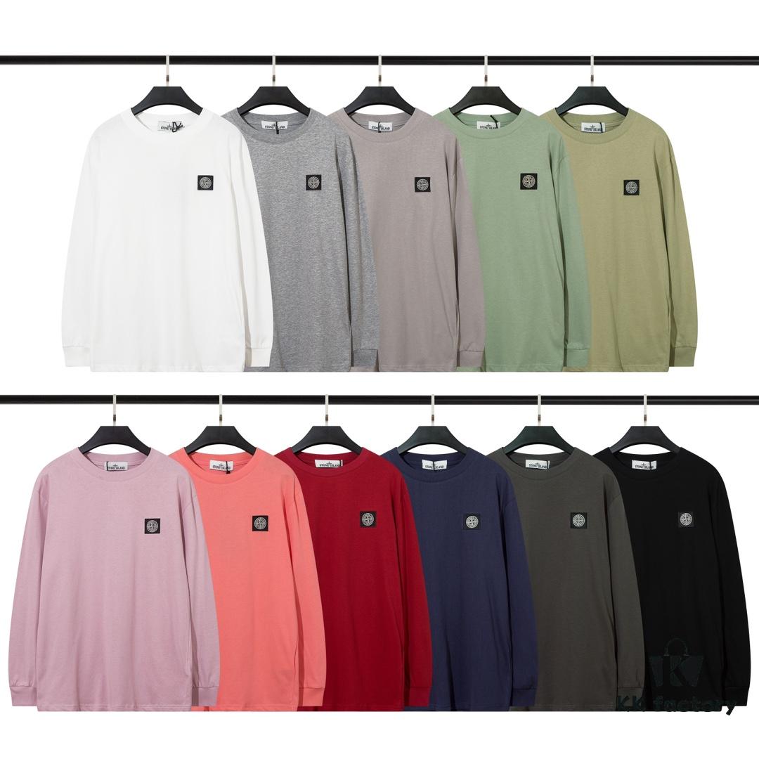 6931a435ccd8ab3d7af987a1 STONE ISLAND (200g Double Cotton Yarn) Embroidered Logo Crew Neck Long Sleeve T-Shirt