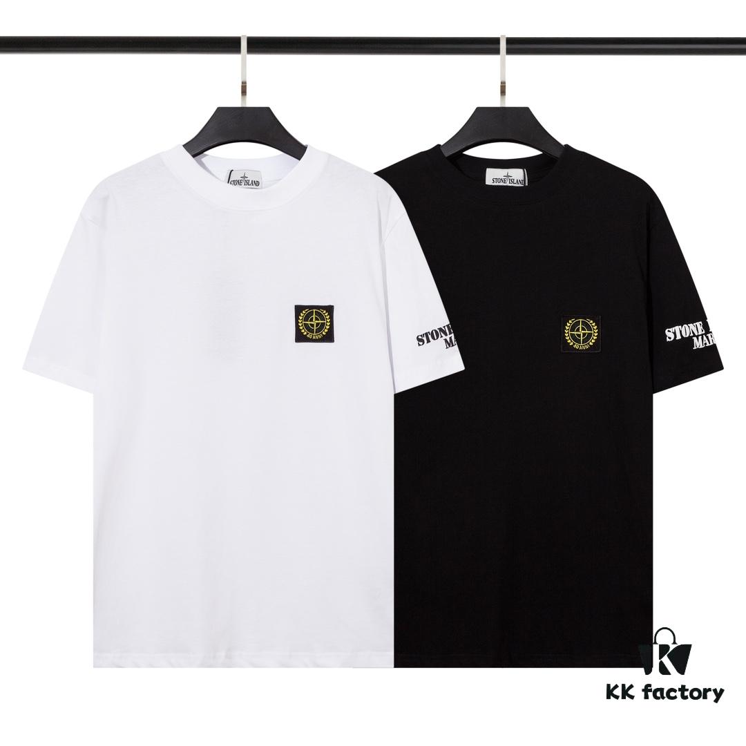 6931a43accd8ab3d7af987fb STONE ISLAND Foam Printed Letter T-Shirt in Black and White