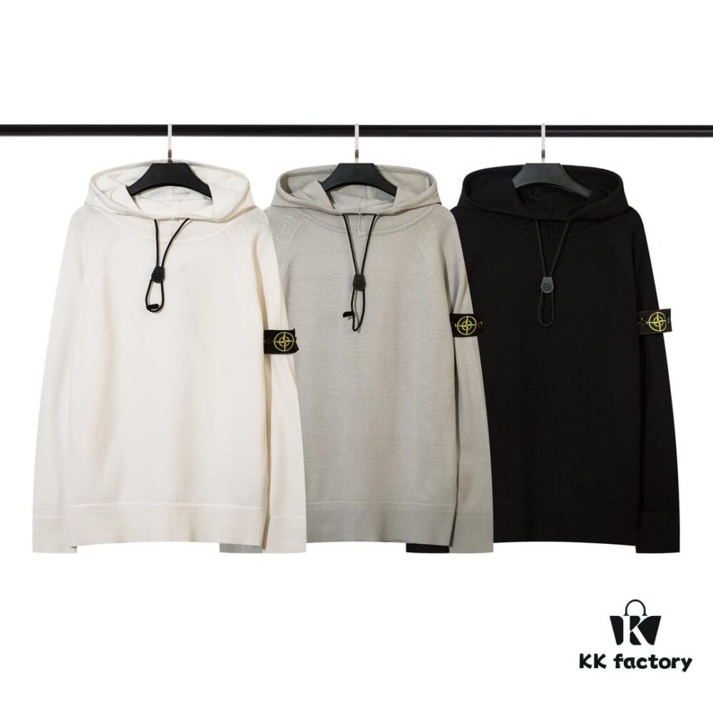 8926# STONE ISLAND Knit Drawstring Hooded Solid Wool Sweater in Black, White, Gray