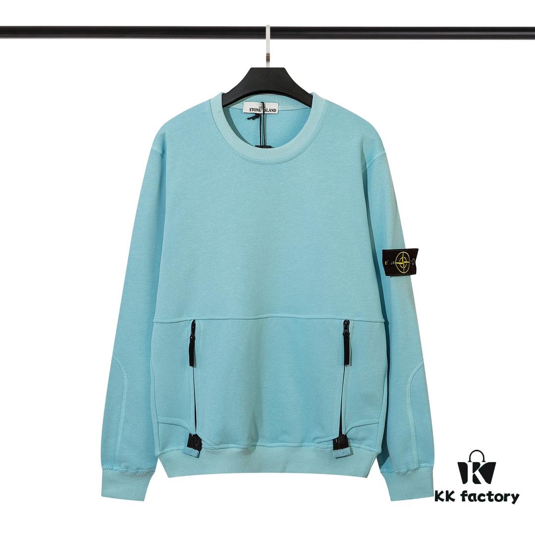 STONE ISLAND Hoodie with Zipper Pocket, Round Neck Pullover Sweatshirt (320g 100% Cotton)
