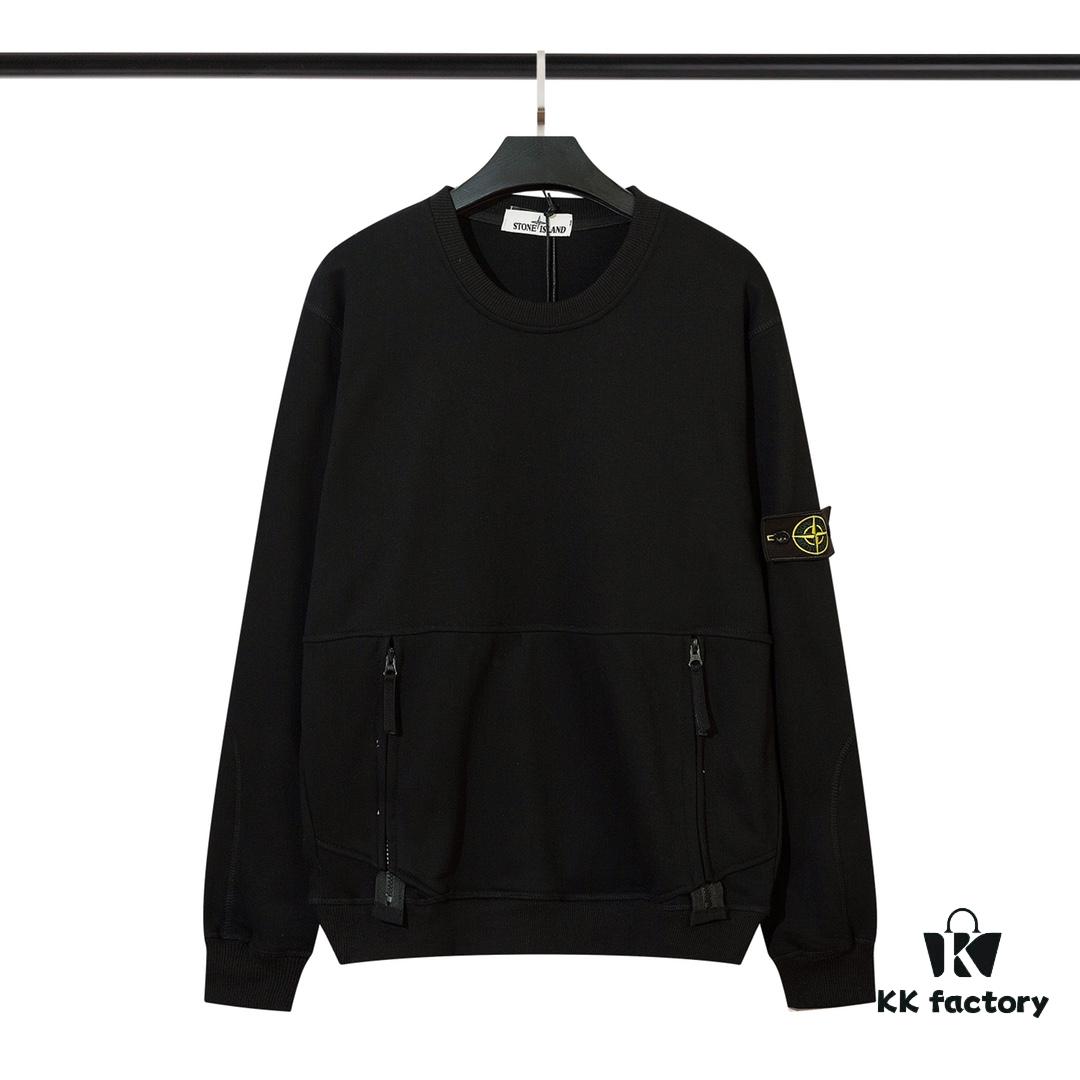 STONE ISLAND Hoodie with Zipper Pocket, Round Neck Pullover Sweatshirt (320g 100% Cotton)
