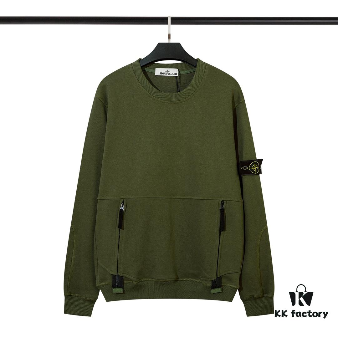 STONE ISLAND Hoodie with Zipper Pocket, Round Neck Pullover Sweatshirt (320g 100% Cotton)
