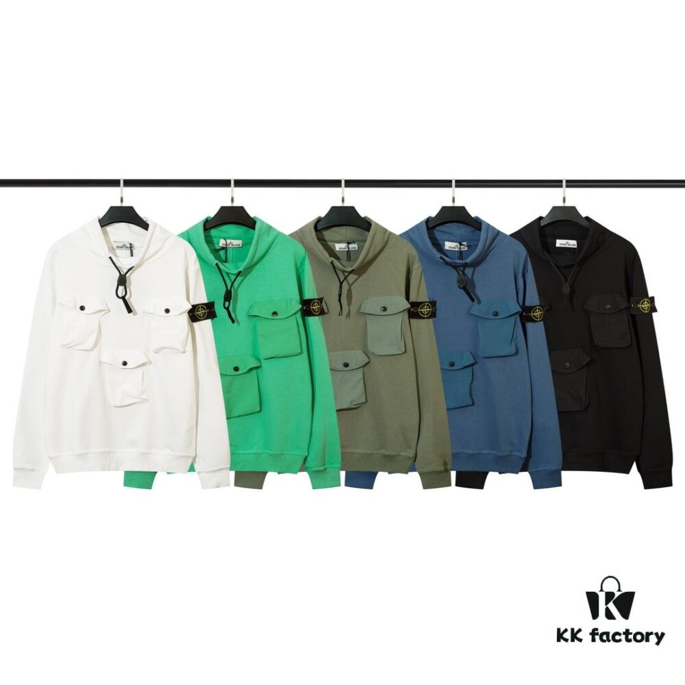 STONE ISLAND 320g Cotton Hooded Sweatshirt with Stand Collar, 3D Pockets, Loose Fit