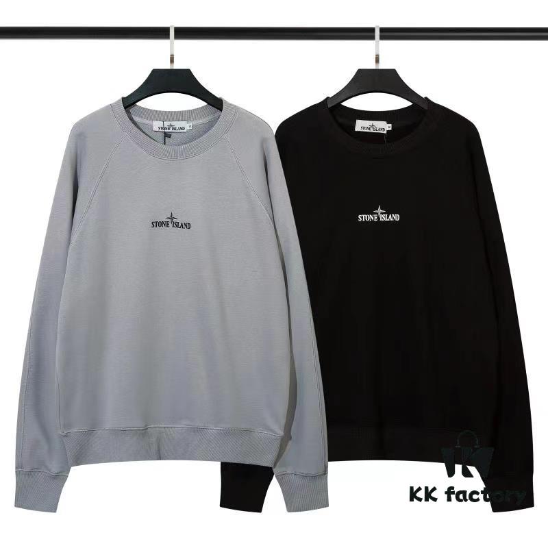 6931a447ccd8ab3d7af988e4 STONE ISLAND (320g Cotton Sweatshirt) Autumn-Winter New Arrival Classic Logo Print Batwing Sleeve Loose Fit Unisex Crewneck Pullover in Black and Grey