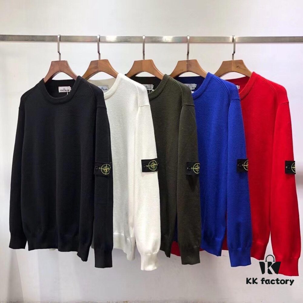 Stone Island Basic Round-Neck Pullover Knit Sweater with Compass Sleeve Patch