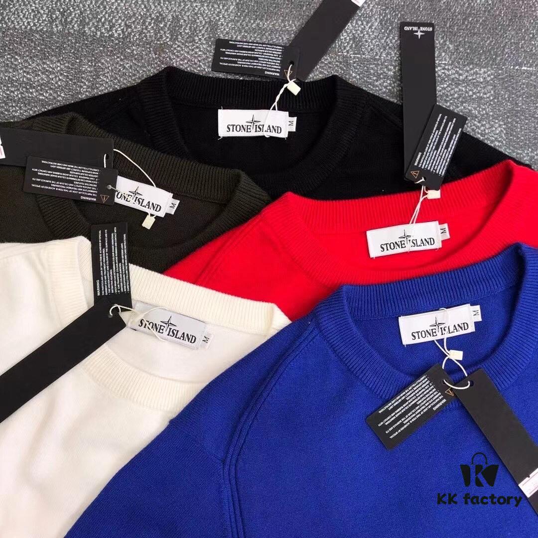 Stone Island Basic Round-Neck Pullover Knit Sweater with Compass Sleeve Patch