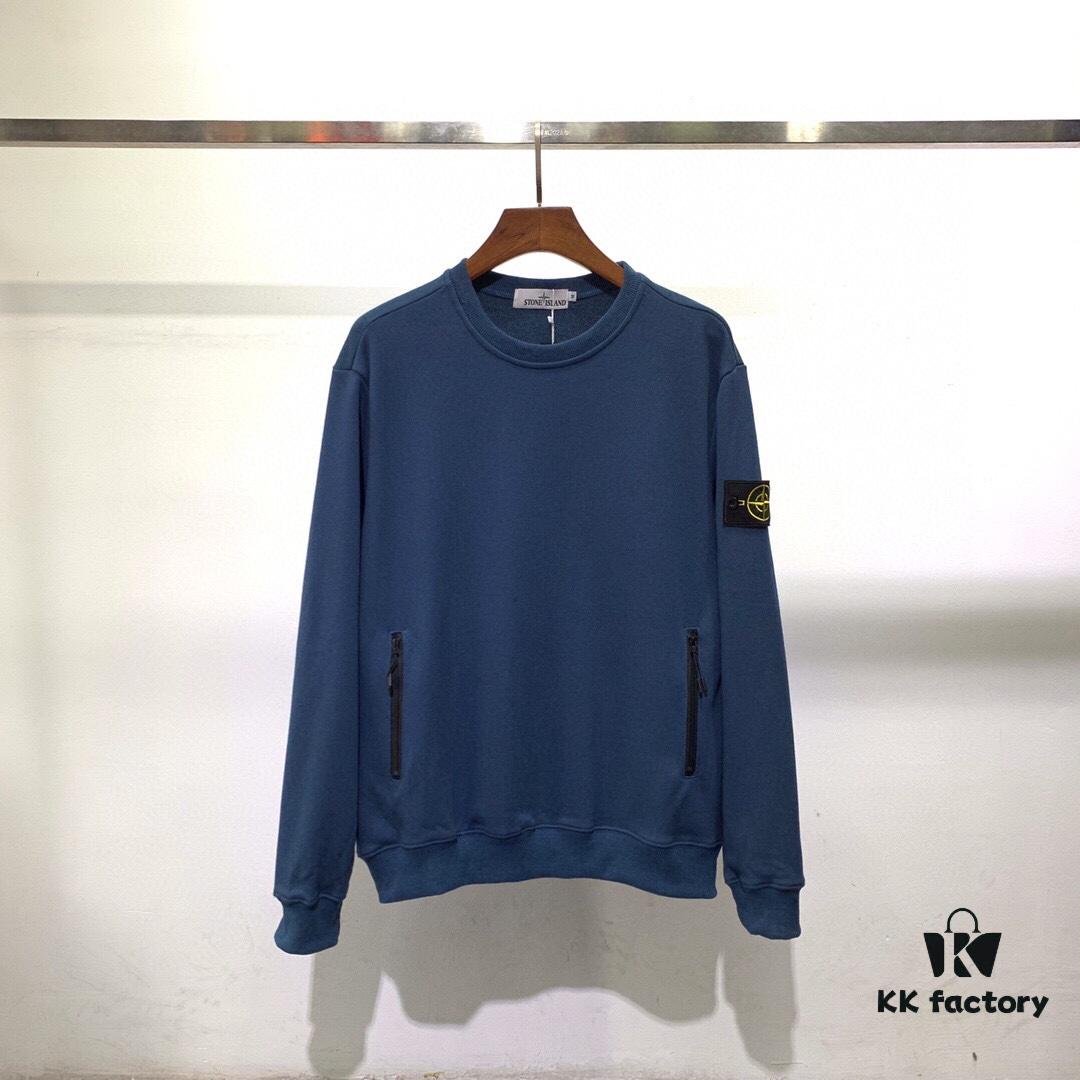Stone Island Classic Logo Arm Badge Zipper Pocket Terry Crew Neck Sweatshirt in Black and Blue