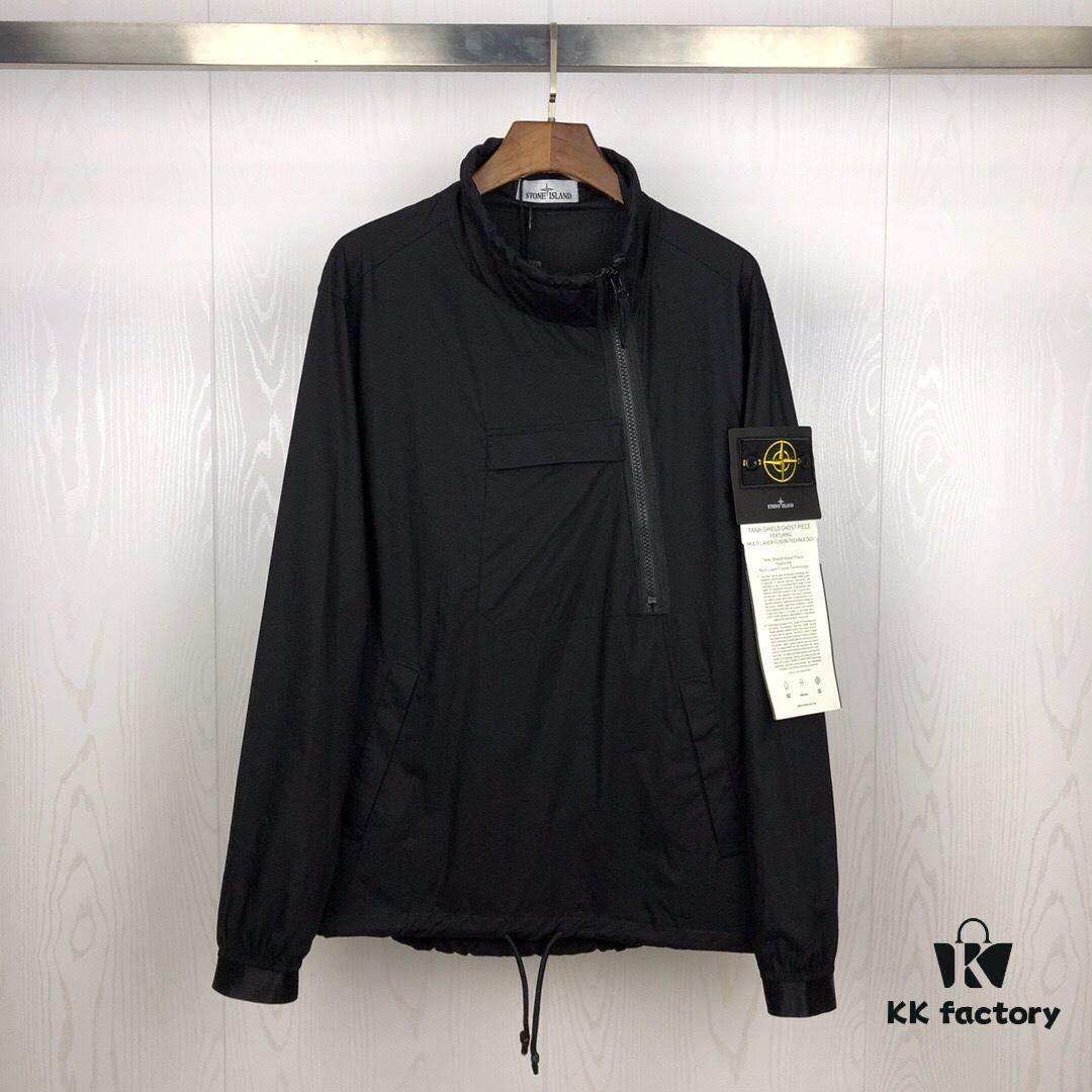 Stone Island 19FW Washed Workwear Metal Half-Zip Windbreaker Jacket for Men and Women