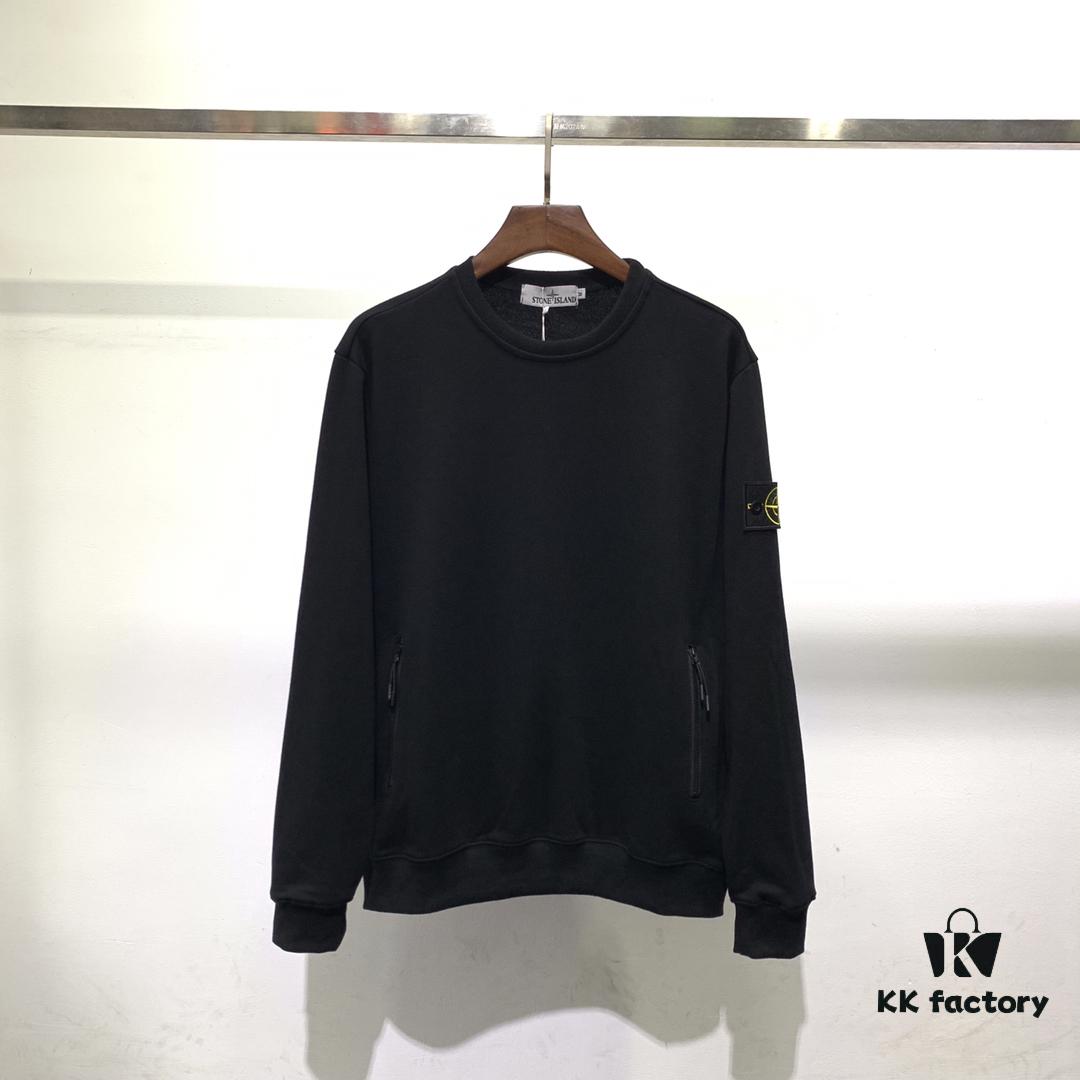 6931a45dccd8ab3d7af98a81 Stone Island Classic Arm Badge Zipper Pocket Terry Crewneck Sweatshirt in Black and Blue
