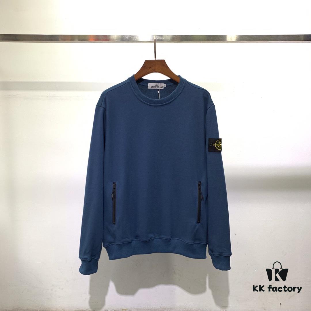 6931a45dccd8ab3d7af98a82 Stone Island Classic Arm Badge Zipper Pocket Terry Crewneck Sweatshirt in Black and Blue
