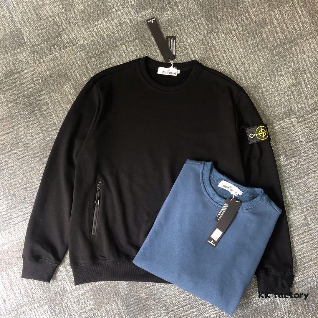6931a45dccd8ab3d7af98a86 Stone Island Classic Arm Badge Zipper Pocket Terry Crewneck Sweatshirt in Black and Blue