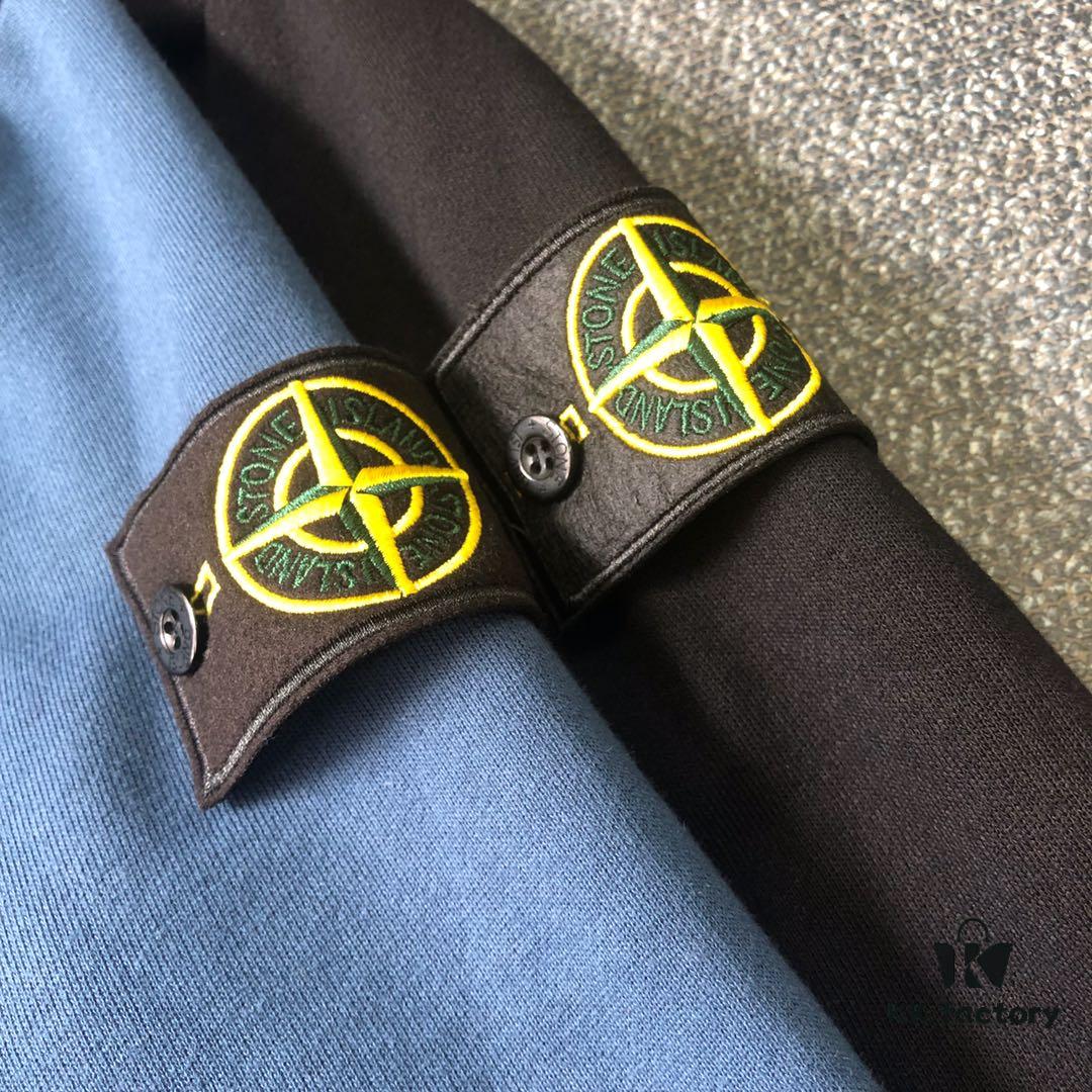 6931a45dccd8ab3d7af98a88 Stone Island Classic Arm Badge Zipper Pocket Terry Crewneck Sweatshirt in Black and Blue