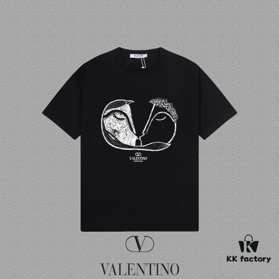 VALENTINO Men's and Women's Short Sleeve T-Shirt with Letter Logo Print, 2024FW Collection, Premium 26s Double Yarn 300g Fabric