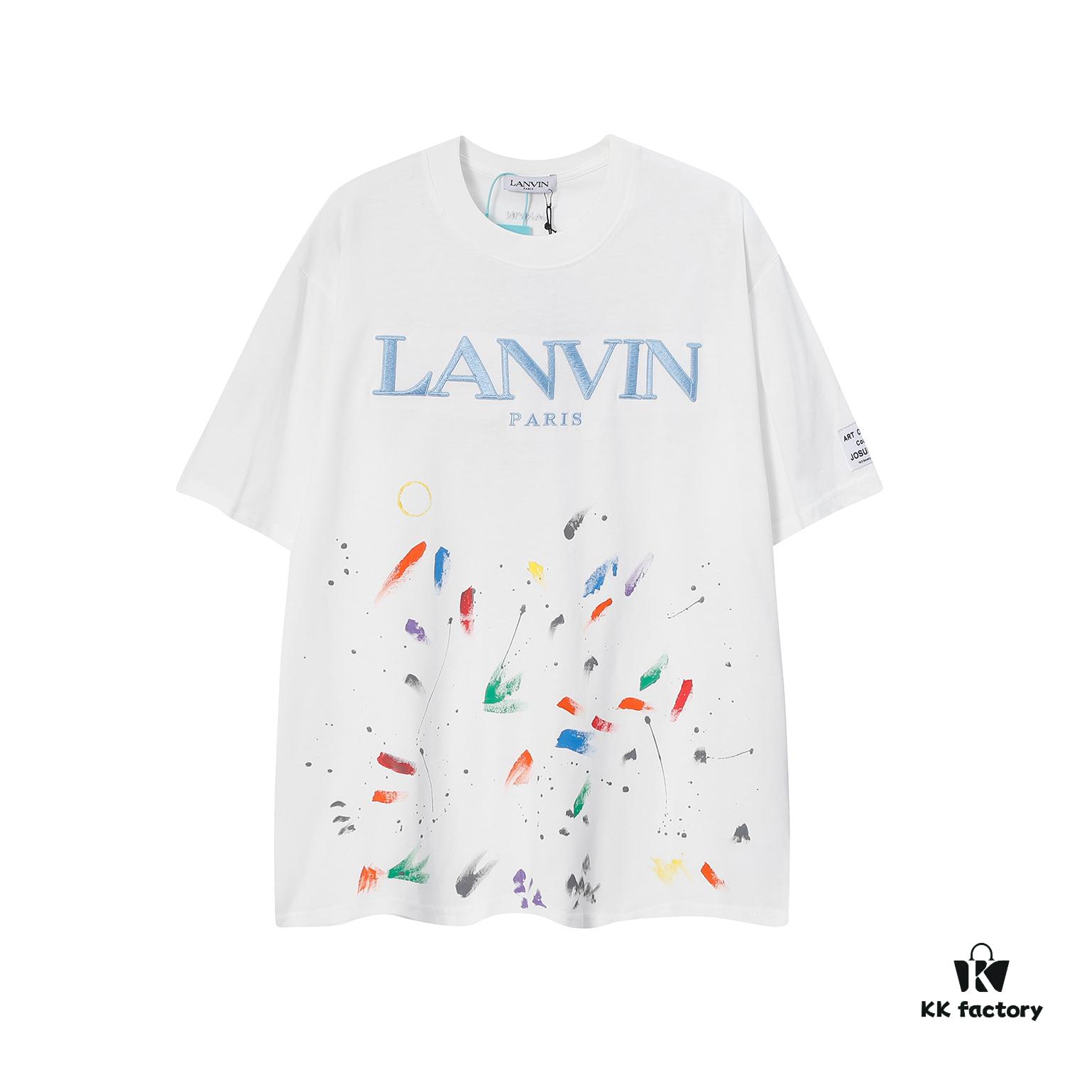 Lanvin LF57 Ink-Splatter Embroidered Loose Round-Neck Short-Sleeve Unisex Couple T-Shirt, Fashion Brand