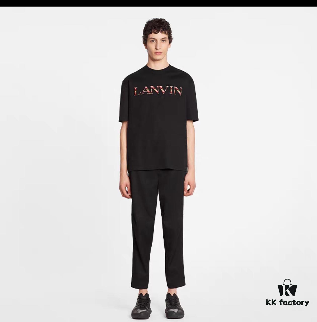 6931a4a1ccd8ab3d7af98ed6 LANVIN New Arrival Simple Heavy Embroidery Logo T-Shirt (Same as Cheng Yi's Style), Unisex, Custom Woven Fabric, Ribbed Collar Resistant to Deformation