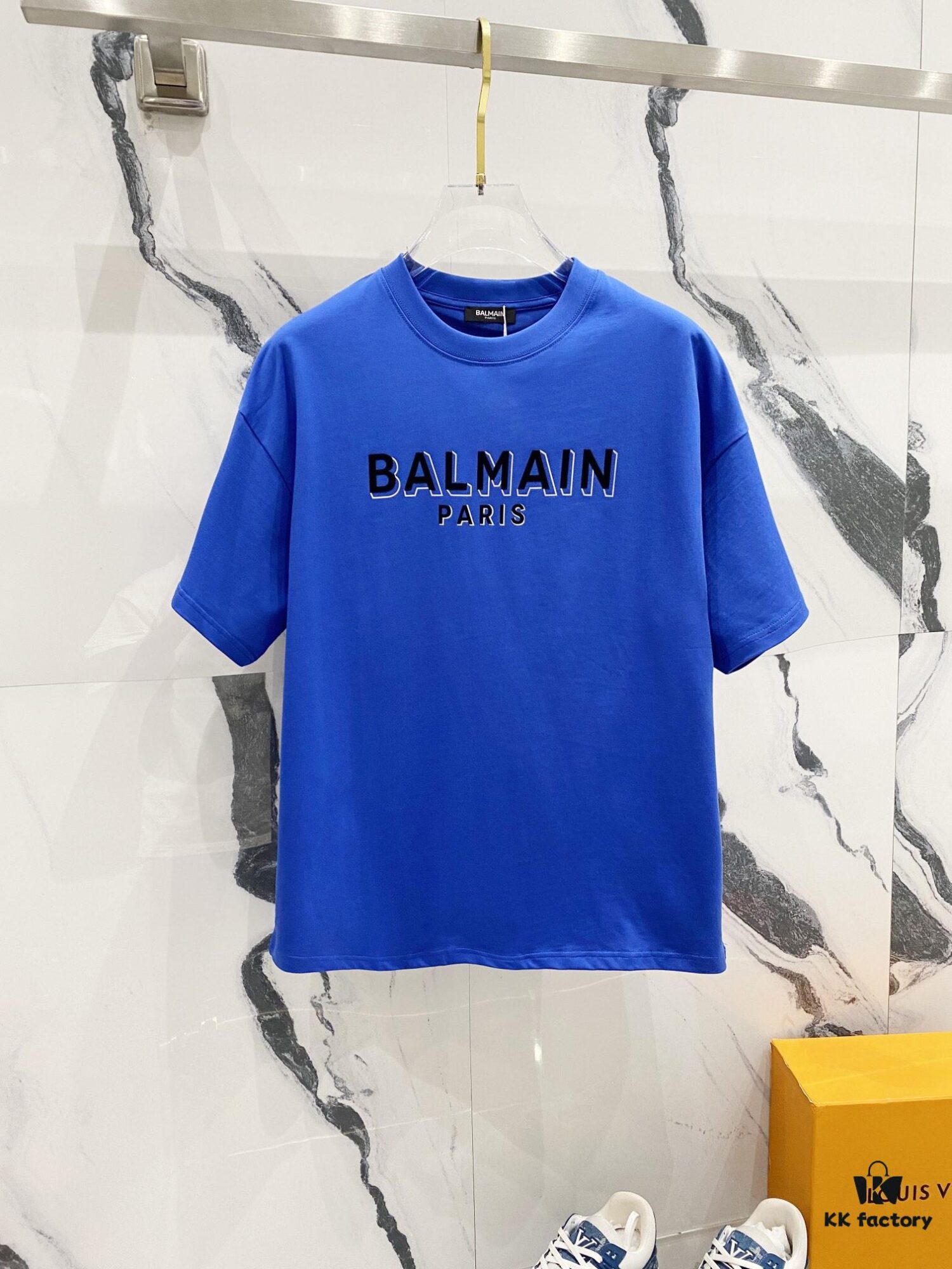 6931a4deccd8ab3d7af992e4 BALMAIN Men's 260g Crew Neck Short Sleeve T-Shirt with Brand Letter Flocked Overlapping Logo Print