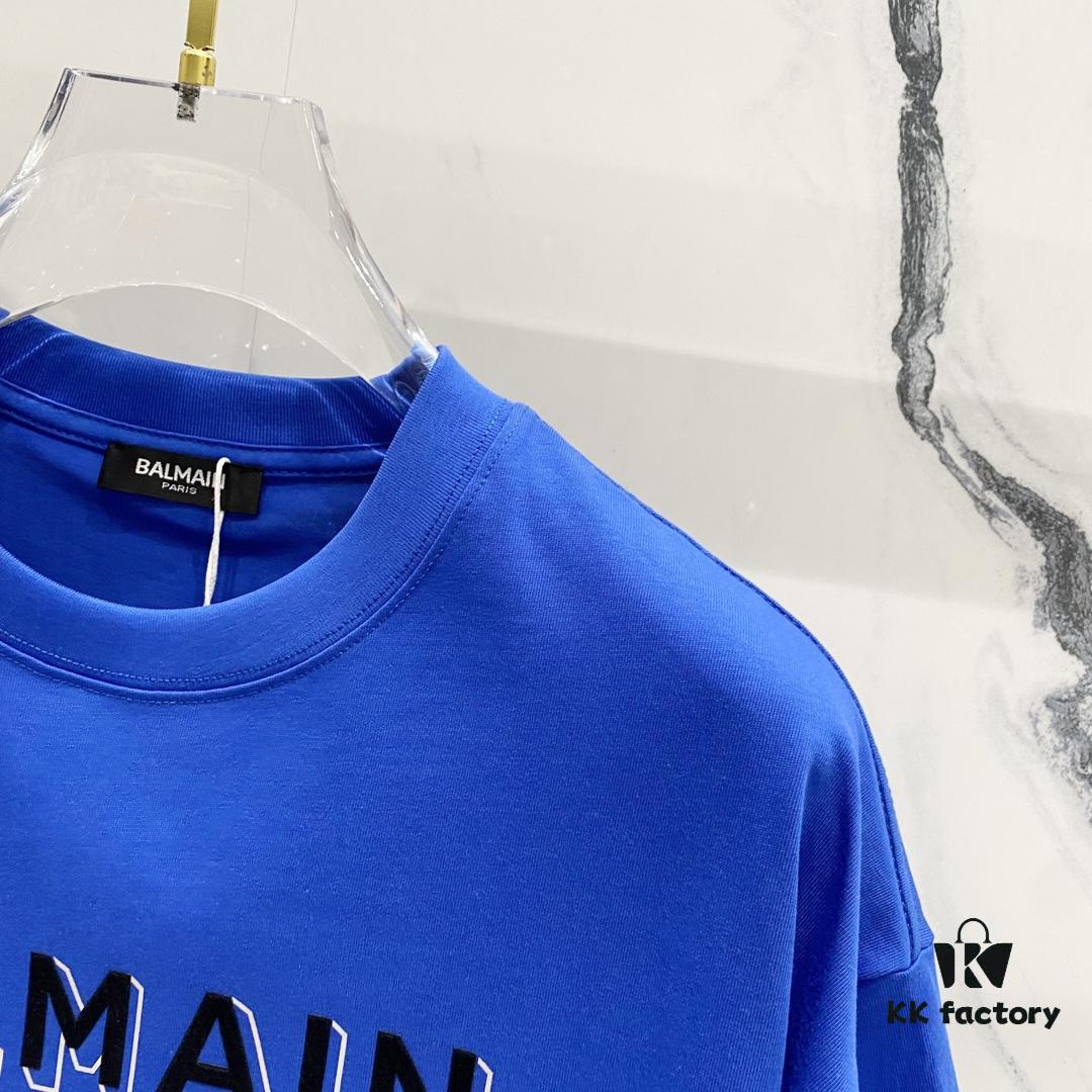 6931a4deccd8ab3d7af992e6 BALMAIN Men's 260g Crew Neck Short Sleeve T-Shirt with Brand Letter Flocked Overlapping Logo Print
