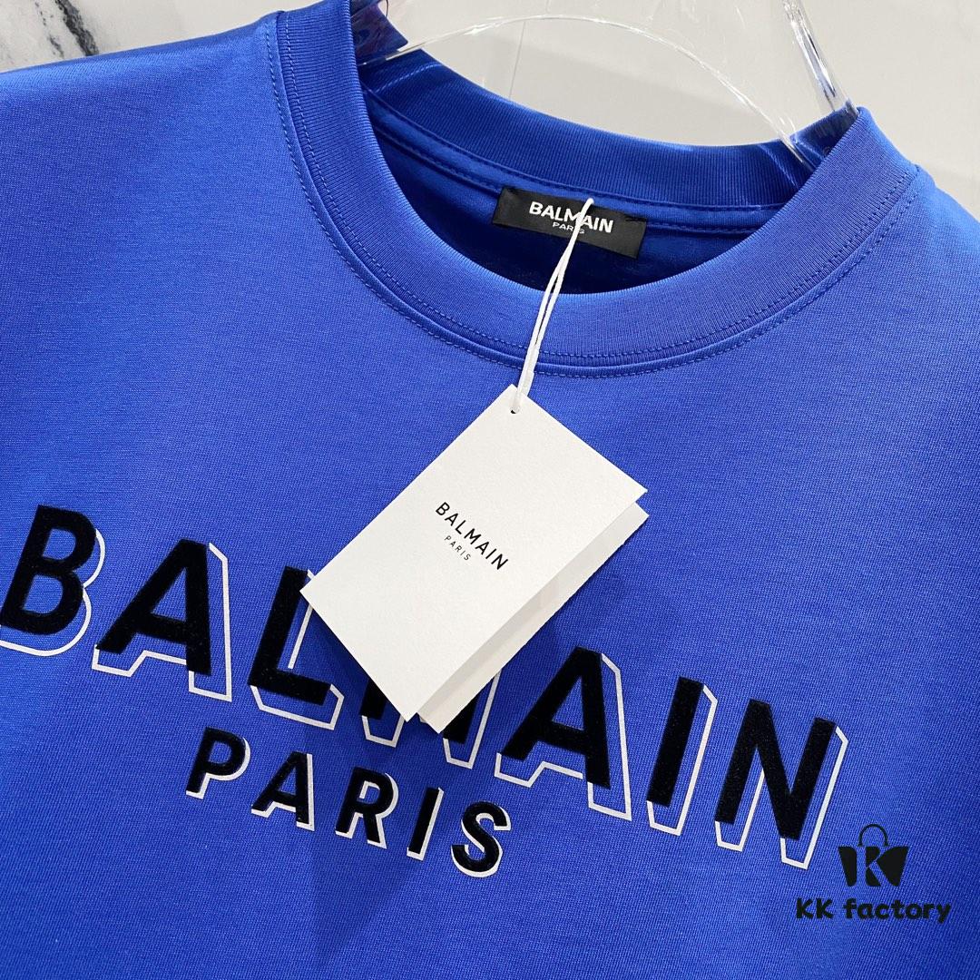 6931a4deccd8ab3d7af992e8 BALMAIN Men's 260g Crew Neck Short Sleeve T-Shirt with Brand Letter Flocked Overlapping Logo Print