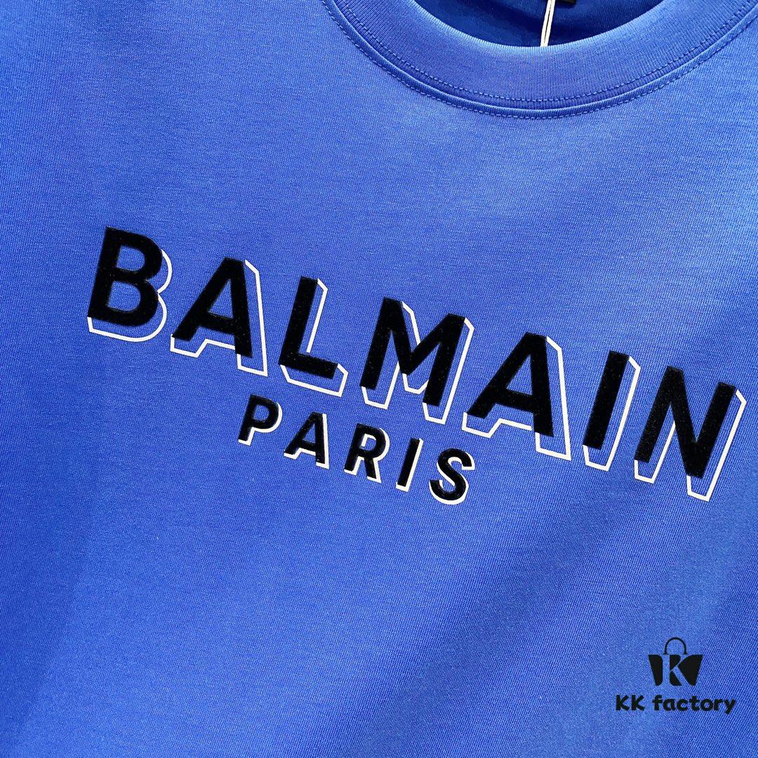 6931a4deccd8ab3d7af992ea BALMAIN Men's 260g Crew Neck Short Sleeve T-Shirt with Brand Letter Flocked Overlapping Logo Print