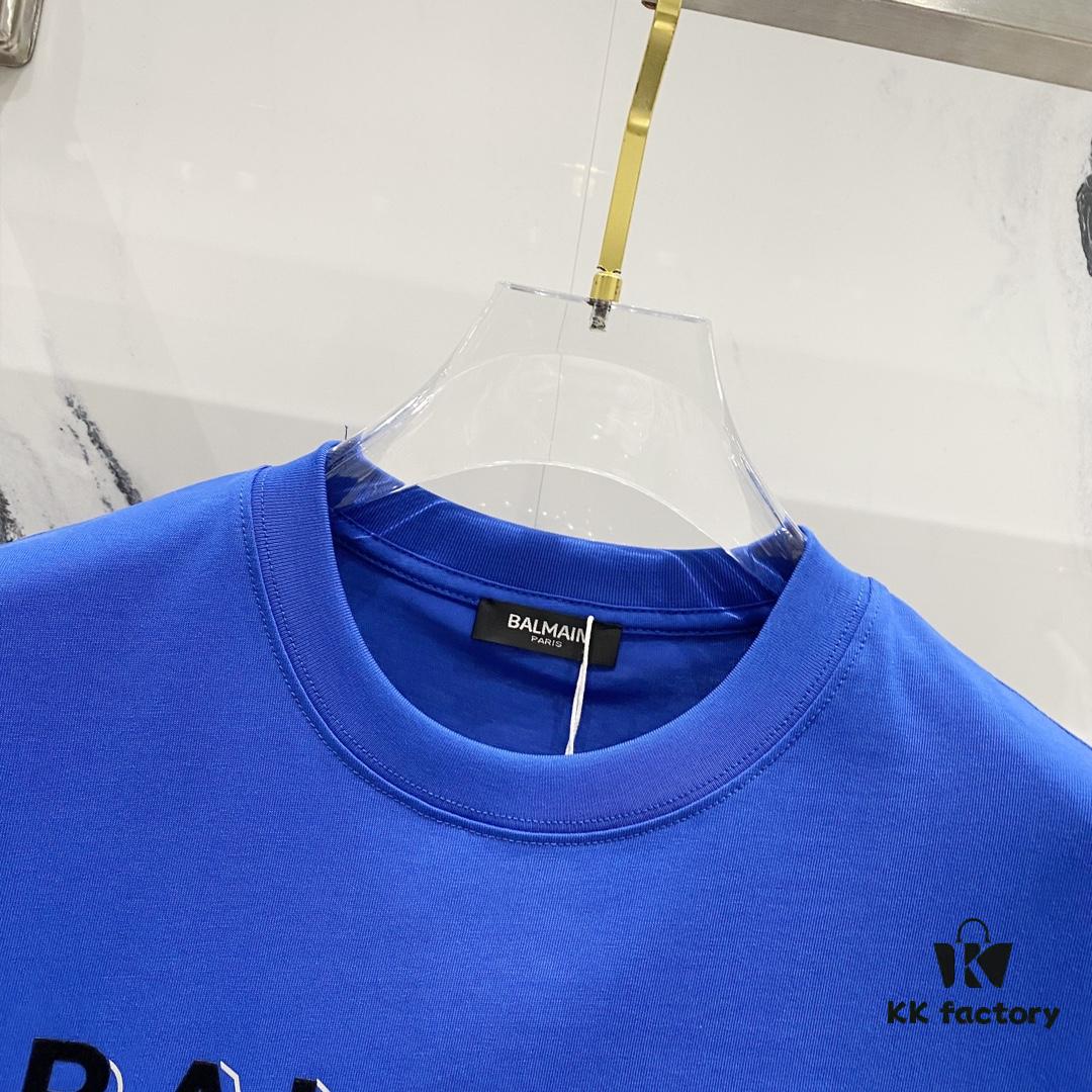 6931a4deccd8ab3d7af992ed BALMAIN Men's 260g Crew Neck Short Sleeve T-Shirt with Brand Letter Flocked Overlapping Logo Print