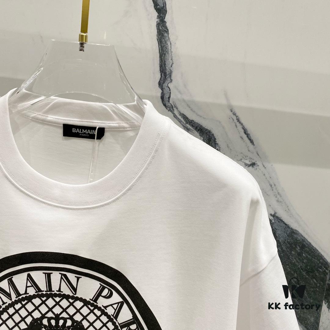 6931a4dfccd8ab3d7af99301 BALMAIN 260g Crew Neck Short Sleeve T-Shirt with Angel Shield and Letter Logo Print