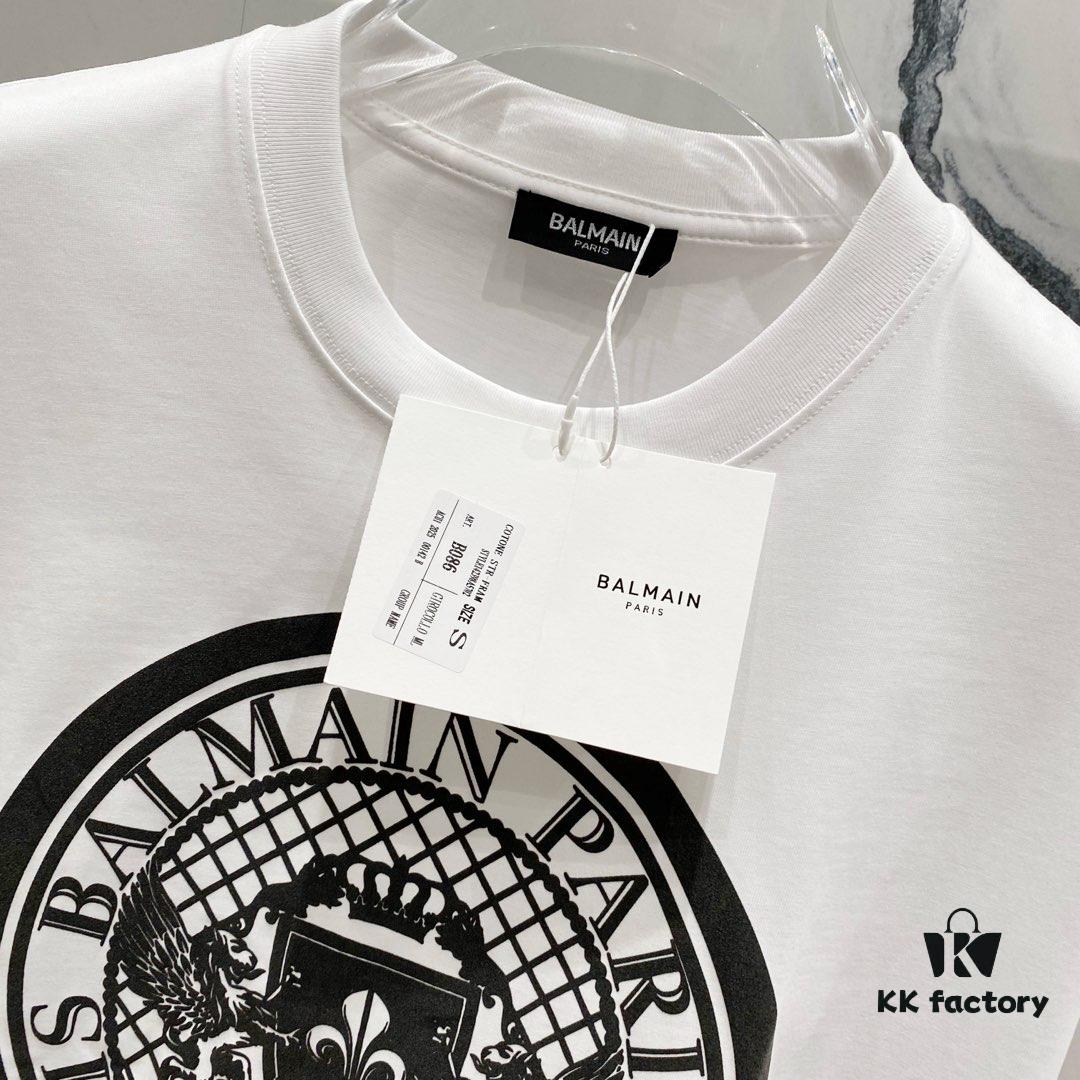 6931a4dfccd8ab3d7af99303 BALMAIN 260g Crew Neck Short Sleeve T-Shirt with Angel Shield and Letter Logo Print