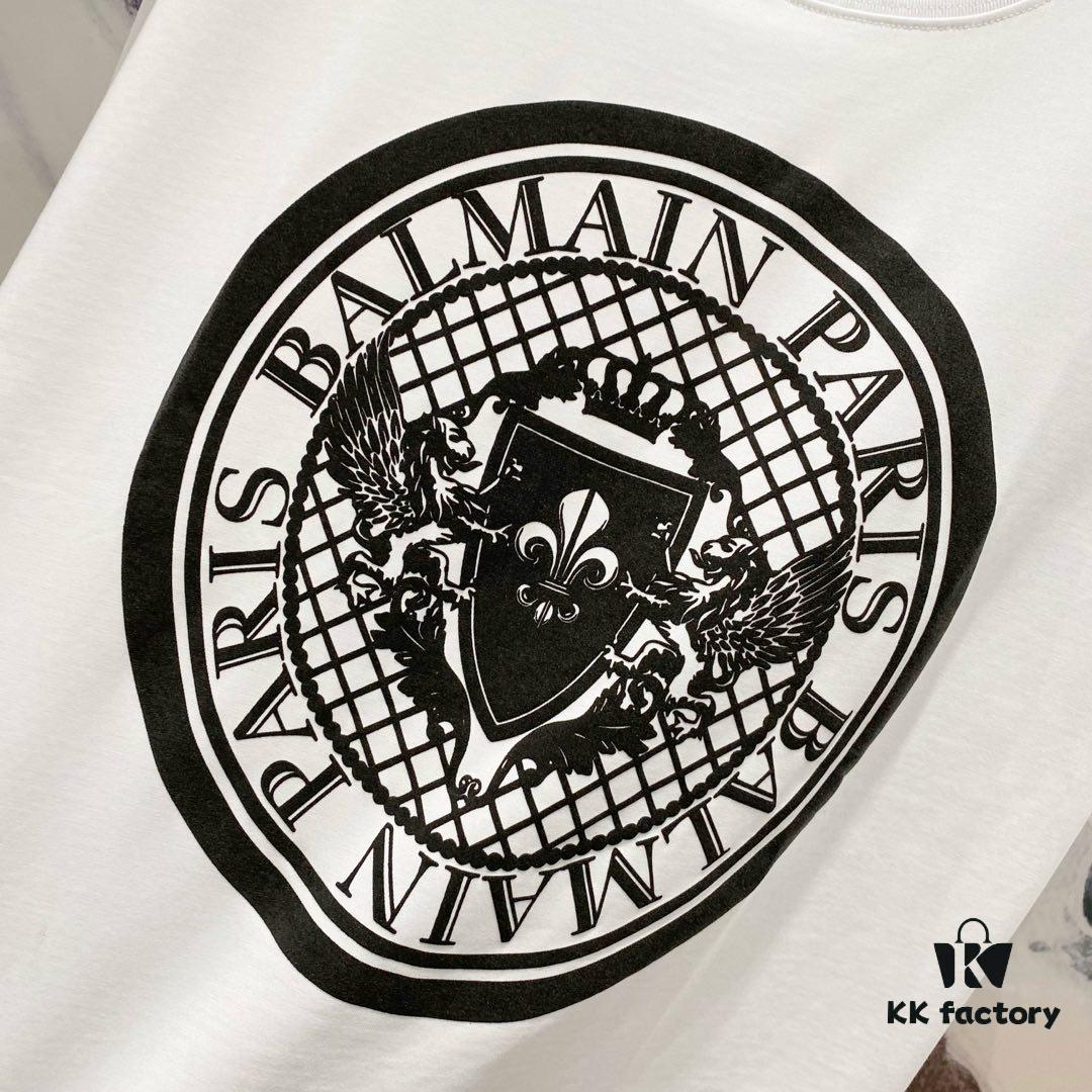 6931a4dfccd8ab3d7af99304 BALMAIN 260g Crew Neck Short Sleeve T-Shirt with Angel Shield and Letter Logo Print