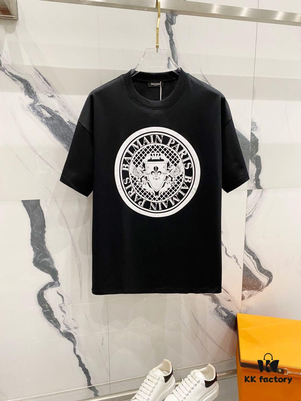 BALMAIN 260g Crew Neck Short Sleeve T-Shirt with Angel Shield and Letter Logo Print
