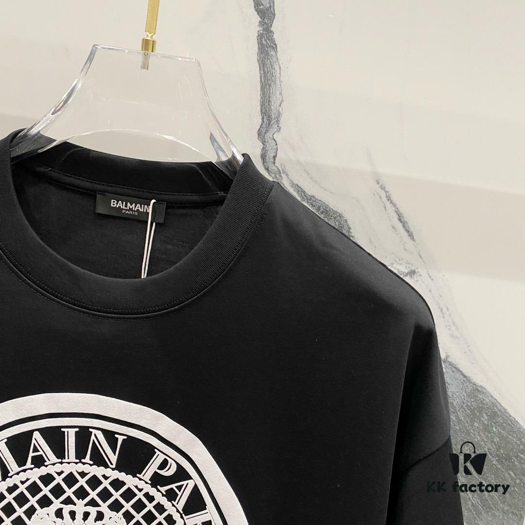 6931a4e0ccd8ab3d7af9930a BALMAIN 260g Crew Neck Short Sleeve T-Shirt with Angel Shield and Letter Logo Print