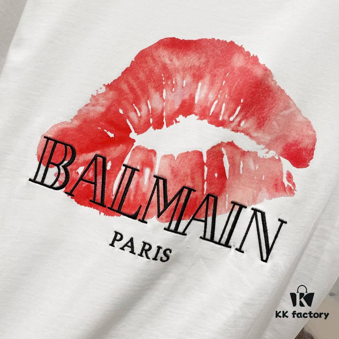 6931a4e0ccd8ab3d7af99316 BALMAIN Crew Neck Short Sleeve T-Shirt 260g with Brand Logo and Red Lip Print