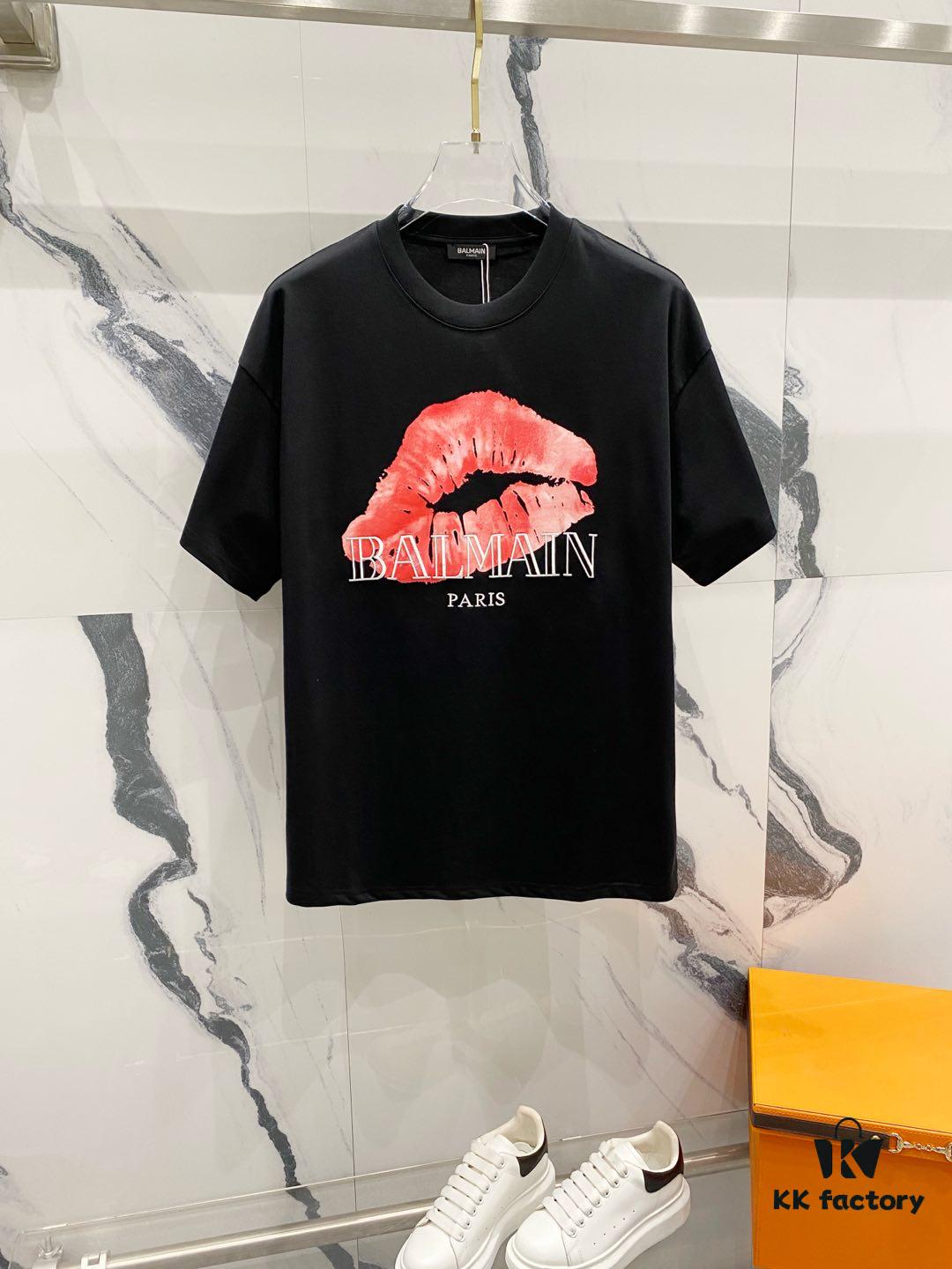 6931a4e0ccd8ab3d7af9931a BALMAIN Red Lip Print Round Neck Short Sleeve T-Shirt 260g