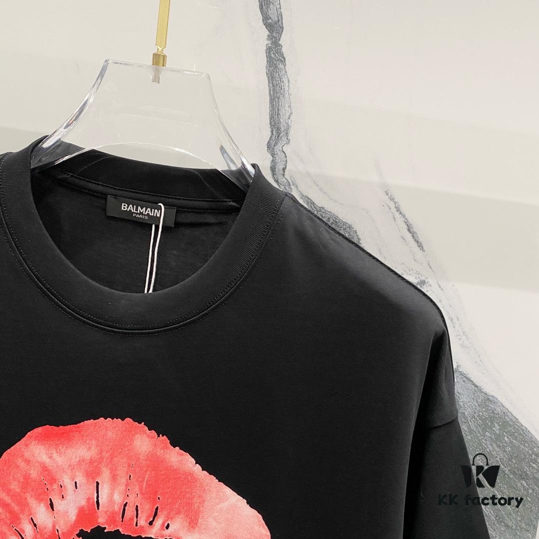 6931a4e1ccd8ab3d7af9931c BALMAIN Red Lip Print Round Neck Short Sleeve T-Shirt 260g