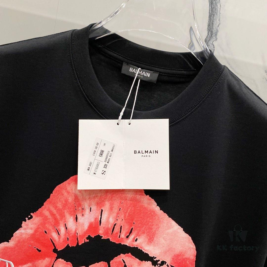 6931a4e1ccd8ab3d7af9931e BALMAIN Red Lip Print Round Neck Short Sleeve T-Shirt 260g