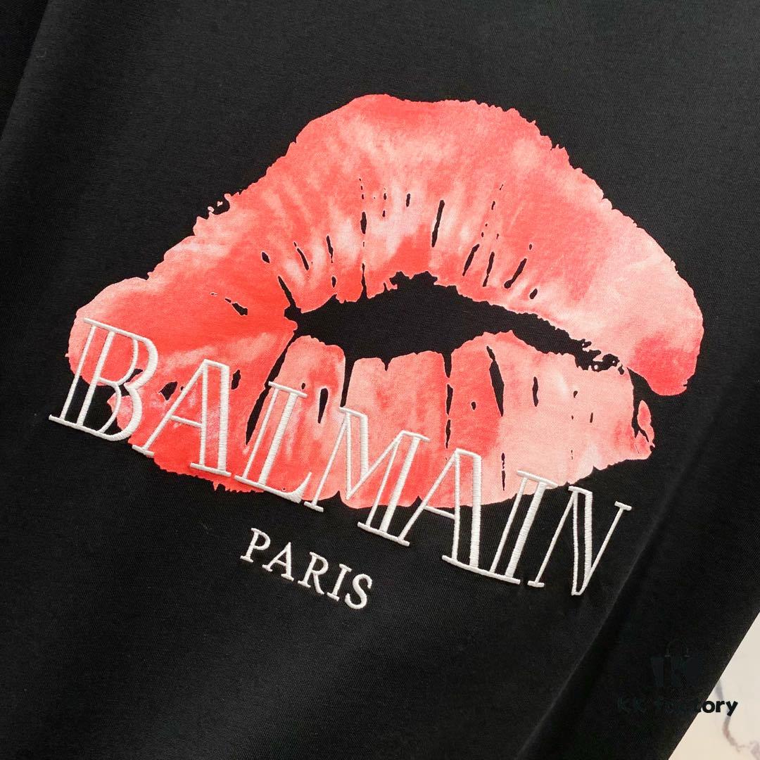 6931a4e1ccd8ab3d7af99320 BALMAIN Red Lip Print Round Neck Short Sleeve T-Shirt 260g