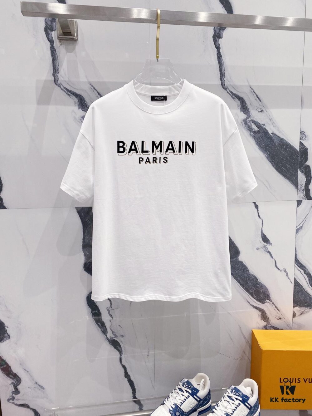 6931a4e2ccd8ab3d7af99335 BALMAIN Men's 260g Crew Neck Short Sleeve T-Shirt with Brand Letter Flocked Shadow Print Logo