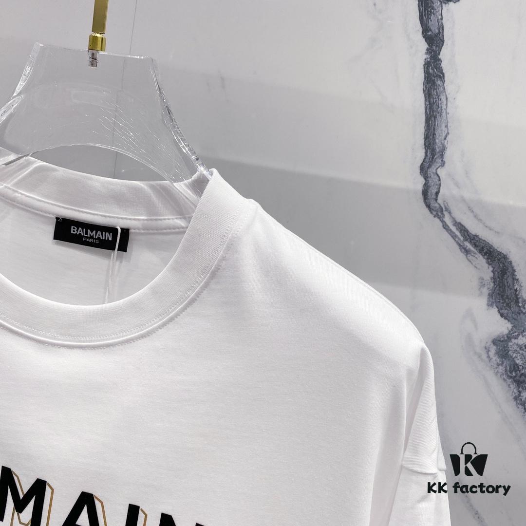6931a4e2ccd8ab3d7af99337 BALMAIN Men's 260g Crew Neck Short Sleeve T-Shirt with Brand Letter Flocked Shadow Print Logo