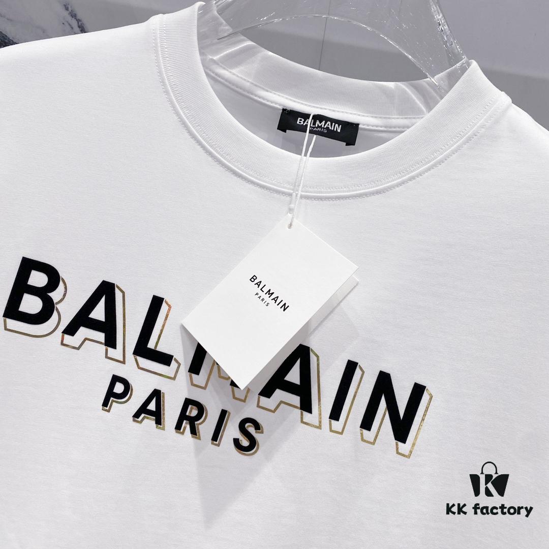 6931a4e2ccd8ab3d7af99339 BALMAIN Men's 260g Crew Neck Short Sleeve T-Shirt with Brand Letter Flocked Shadow Print Logo