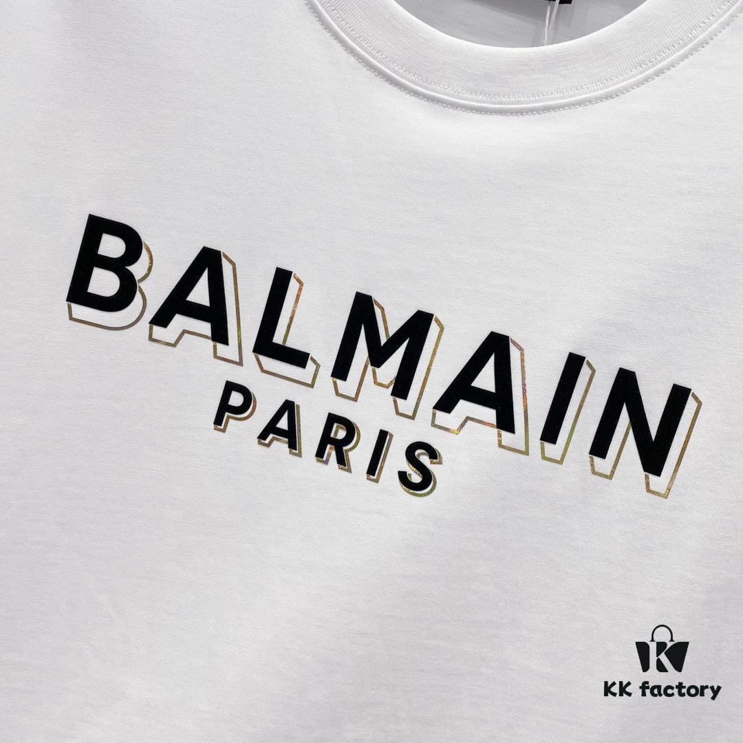 6931a4e2ccd8ab3d7af9933b BALMAIN Men's 260g Crew Neck Short Sleeve T-Shirt with Brand Letter Flocked Shadow Print Logo