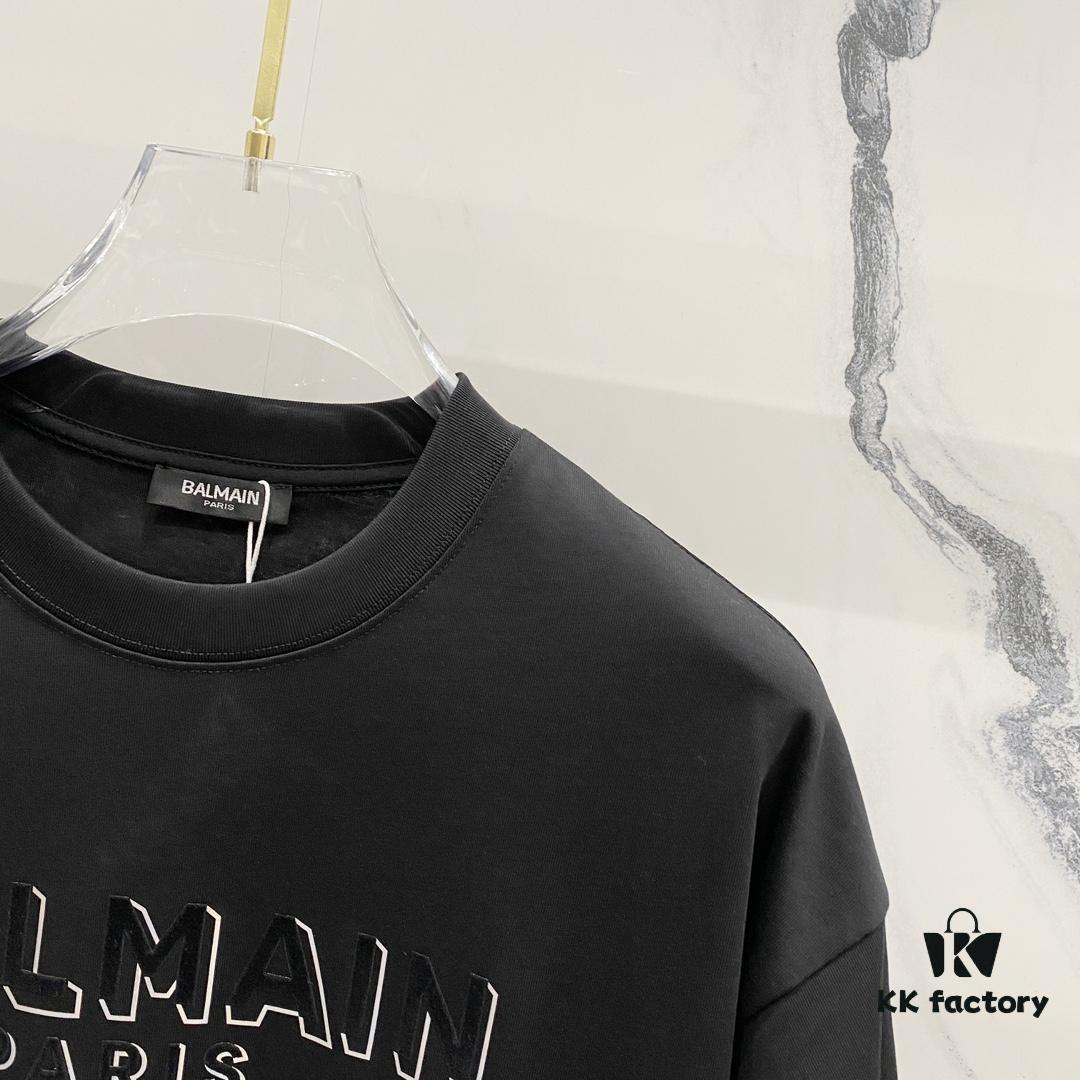 6931a4e3ccd8ab3d7af99341 BALMAIN Men's 260g Crew Neck Short Sleeve T-Shirt with Brand Letter Flocked Overlapping Logo Print