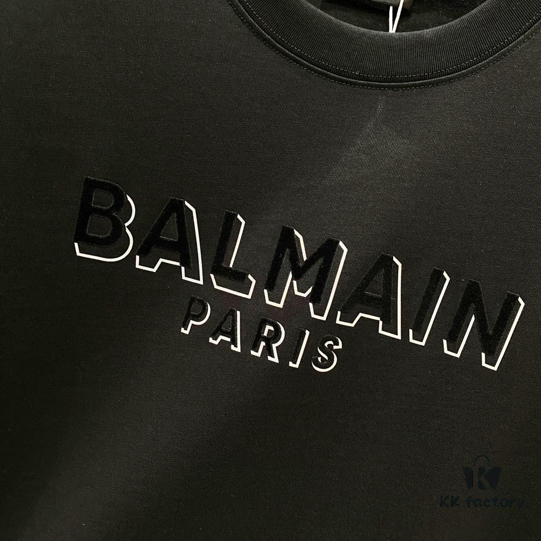 6931a4e3ccd8ab3d7af99343 BALMAIN Men's 260g Crew Neck Short Sleeve T-Shirt with Brand Letter Flocked Overlapping Logo Print