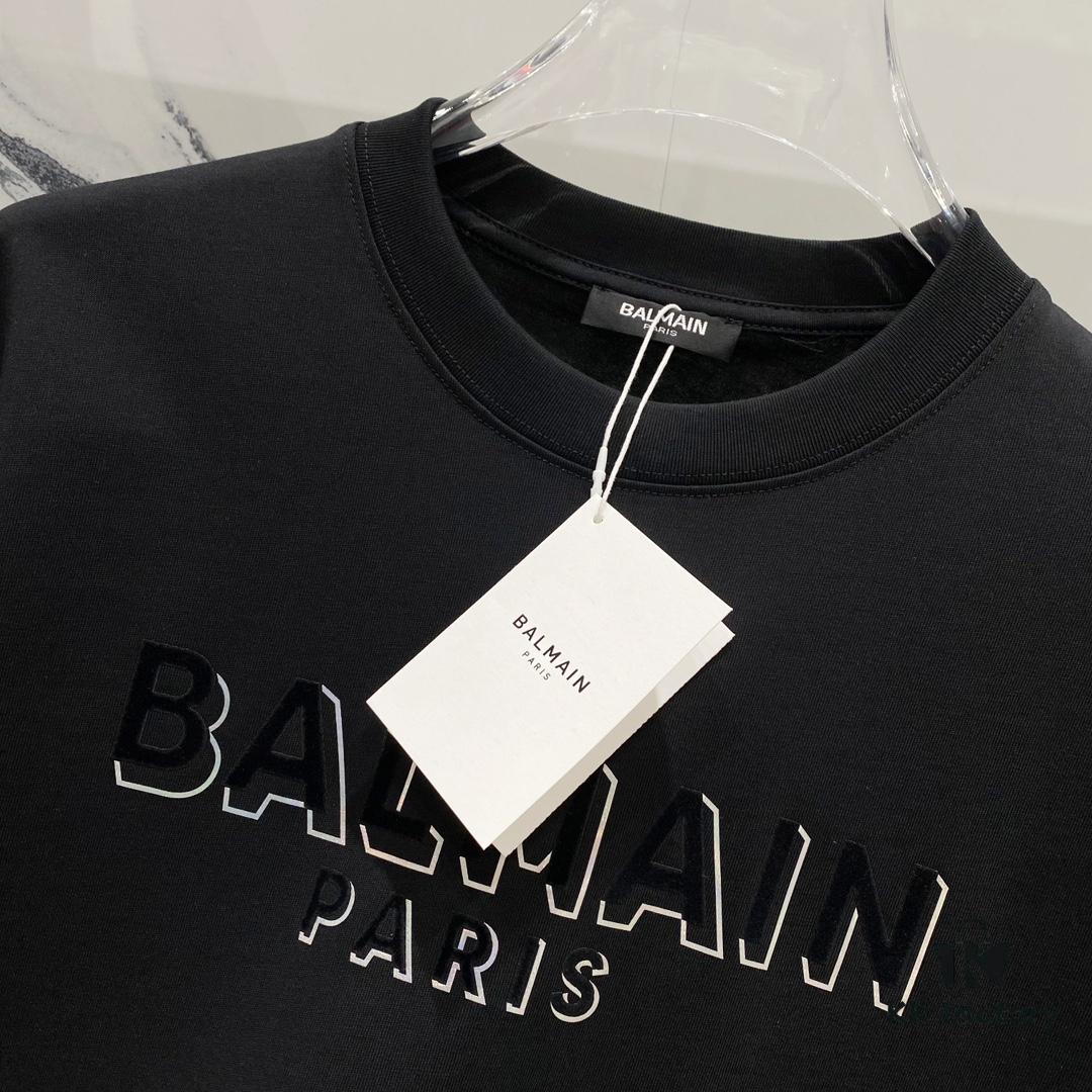 6931a4e3ccd8ab3d7af99344 BALMAIN Men's 260g Crew Neck Short Sleeve T-Shirt with Brand Letter Flocked Overlapping Logo Print