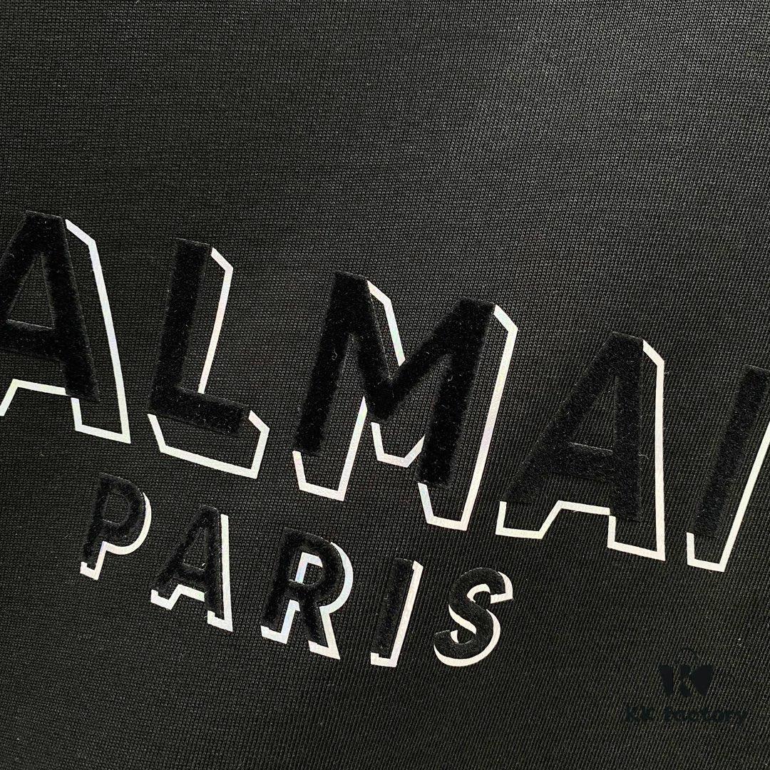 6931a4e3ccd8ab3d7af99345 BALMAIN Men's 260g Crew Neck Short Sleeve T-Shirt with Brand Letter Flocked Overlapping Logo Print