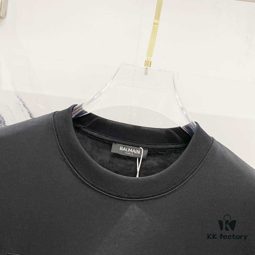 6931a4e3ccd8ab3d7af99348 BALMAIN Men's 260g Crew Neck Short Sleeve T-Shirt with Brand Letter Flocked Overlapping Logo Print